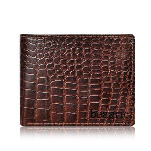 Men’s Leather Wallet RFID Blocking – Slim Bifold Wallet for Men with 15 Card Slots, ID Window – Stylish Crocodile Pattern, Durable Stitching, Brown – Gift Box Included