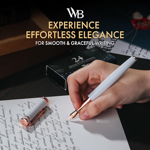 Image of Wordsworth & Black Fountain Pen Set for Writing,Medium Nib, White Rose Gold | Gift for Men & Women, Brass Body, 18K German Iridium, Calligraphy, Converter + 24 Ink Cartridges, Refillable, Leak-Free