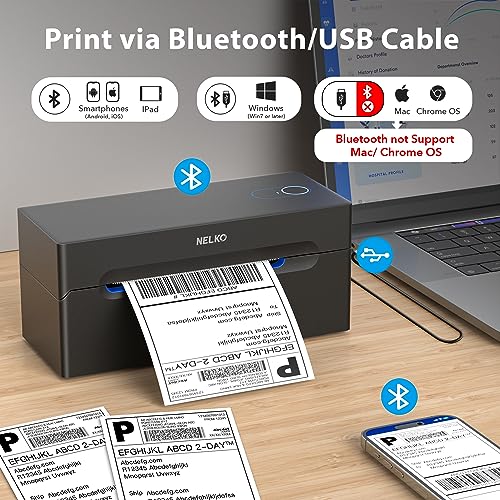 Nelko Bluetooth Thermal Shipping Label Printer, Wireless 4x6 Shipping Label Printer for Small Business, Support Android, iPhone and Windows, Widely Used for Amazon, Ebay, Shopify, Etsy, USPS