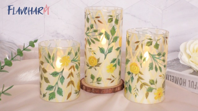 Image of Yellow Glass Flameless Candles with Remote Vintage Rose LED Pillar Candles Battery Operated Timer & Dimmable Candle Light Rustic Farmhouse Decor for Room Wedding Table Centerpiece, 3 Pack