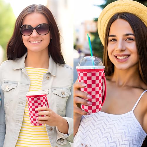 Image of KJQJLY 3 Pack Reusable Iced Coffee Sleeves for Iced Coffee Cups or Drinks Reusable Neoprene Insulated Sleeves for Hot and Cold Drinks from Starbucks, Dunkin, And More (Pink Grid)