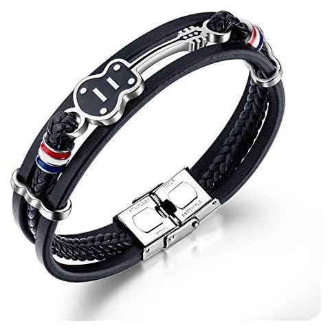 Eymi Mens Leather Cuff Bracelet Handmade Black Multilayer Cowhide Woven Rope Acoustic Guitar Bangle, 8.3inch Adjustable Cover