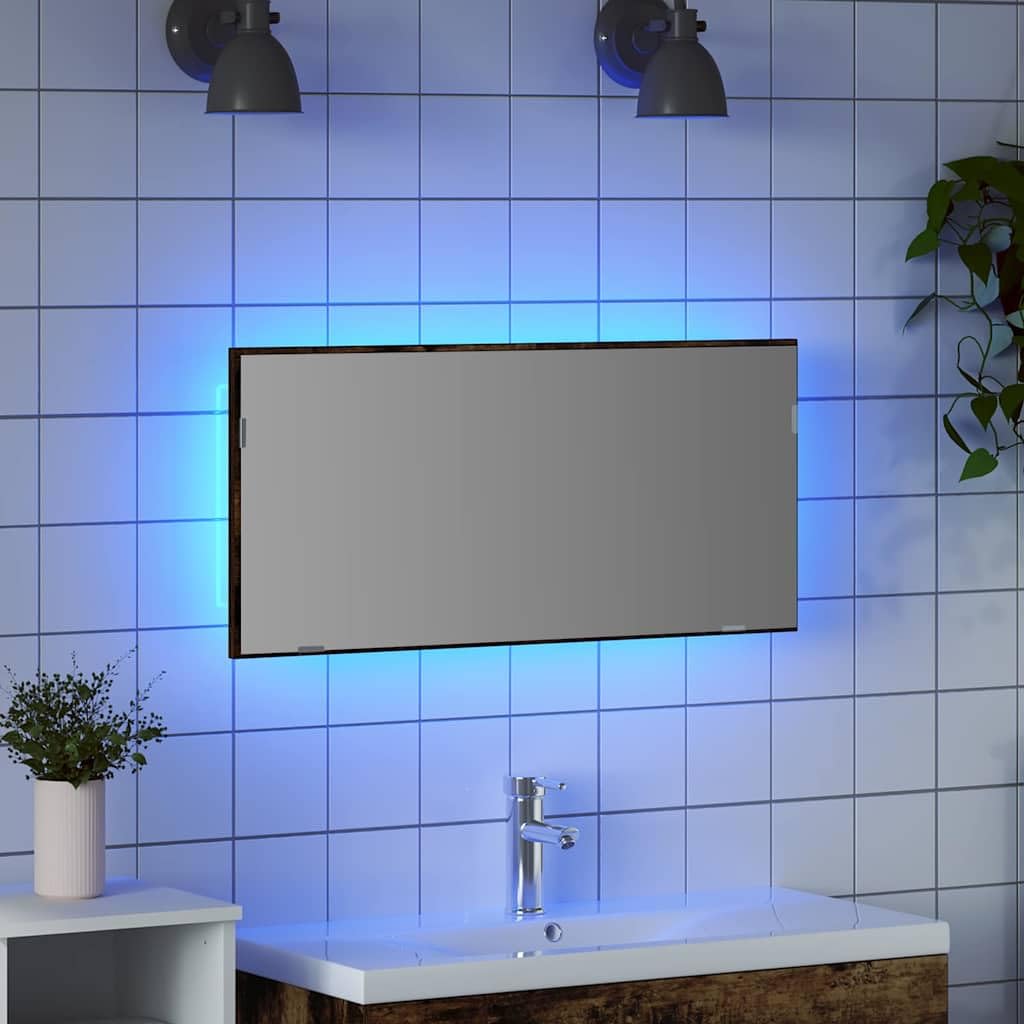 Specchio da parete marrone 80 x 37 cm in vetro e legno ingegnerizzato con illuminazione a LED per bagno ospiti WC, design moderno, salvaspazio, durevole, versatile