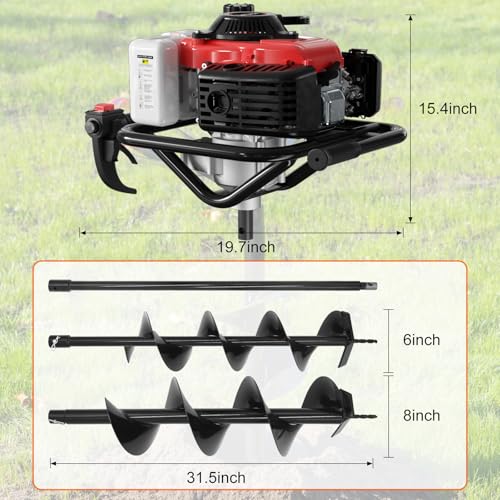 Image of 78CC Gas Powered Post Hole Digger, 4 Stroke Auger with 6&8 Inch Bits | 4-stroke engine, no gas-oil mix! 78CC powerful motor, quieter than 2-stroke. Includes 6 inch&8 inch auger bits + extension rod