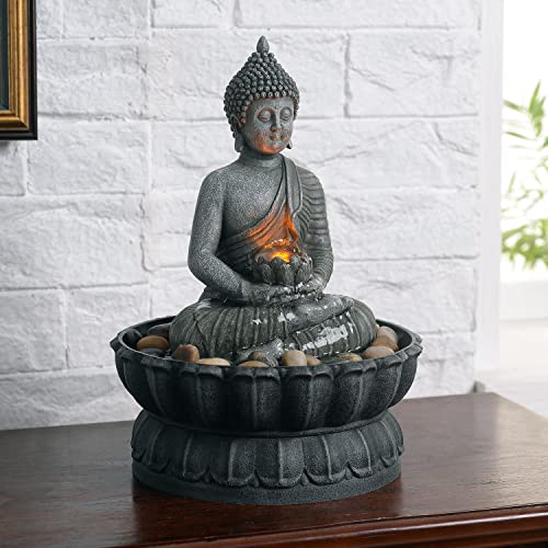 GOSSI Indoor Fountain Zen/Meditation Sitting Buddha Fountain Holding Lotus w/LED and River Rocks(22034)