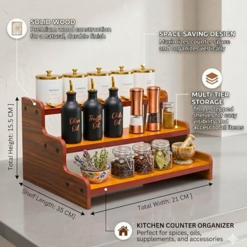 Image of VASIL MART Wood 3 Tiered Spice Rack, 3 Tier Spice Organizer for Cabinet or Kitchen, Stand For Cabinet /Cupboard (Walnut)