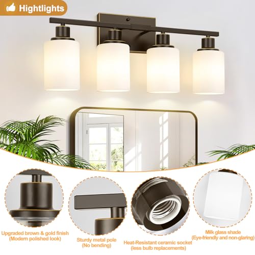Image of Indoi 4-Light Bathroom Light Fixtures, Oil-Rubbed Bronze Modern Vanity Lights with Milky White Shades, Bathroom Wall Lamp for Mirror Living Room Cabinet Bedroom Porch