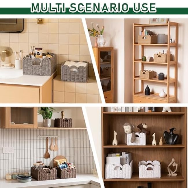 OIAHOMY Scalloped Wicker Baskets, Hand-woven Storage Baskets with Built-in Handles, Paper Rope Shelf Baskets for Organizing and Decoration, Set of 3-Yellow