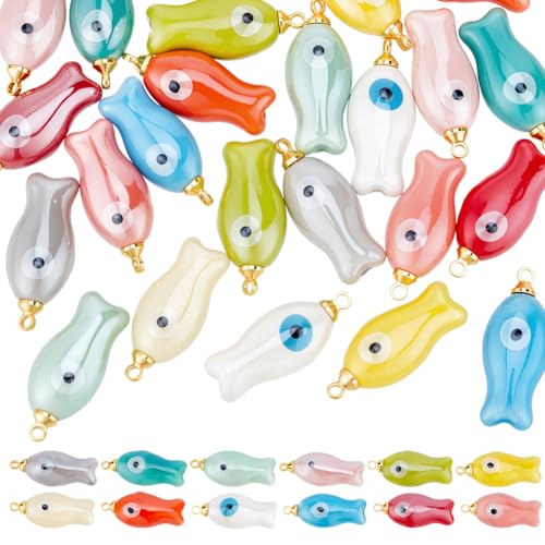 PH PandaHall 12 couleurs 24pcs Breloques Poisson en Porcelaine Pendentif en Forme de Poisson en Céramique avec Accessoires en Laiton pour Colliers Cadeaux de...