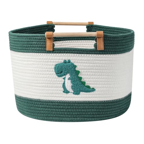 Großer Aufbewahrungskorb aus Baumwollseil mit Dinosaurier-Stickmuster Großer Deckenkorb 35L Baumwollseilkörb mit Holzgriffen Geflochtene Körbe für Kinder Kuscheltiere Spielzeugaufbewahrung