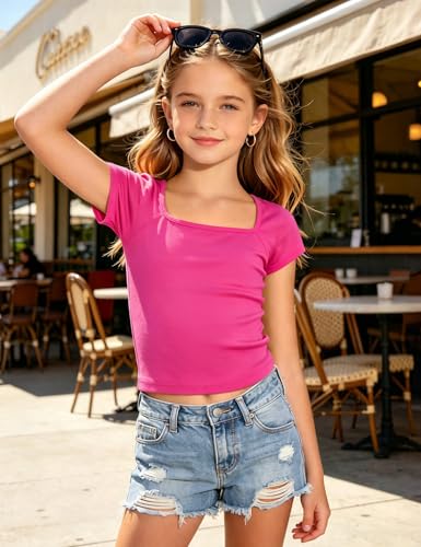 Image of Crop Tops for Girls Short Sleeve Shirt Girls Summer Tops Square Neck Slim Fit Tops Basic Tee
