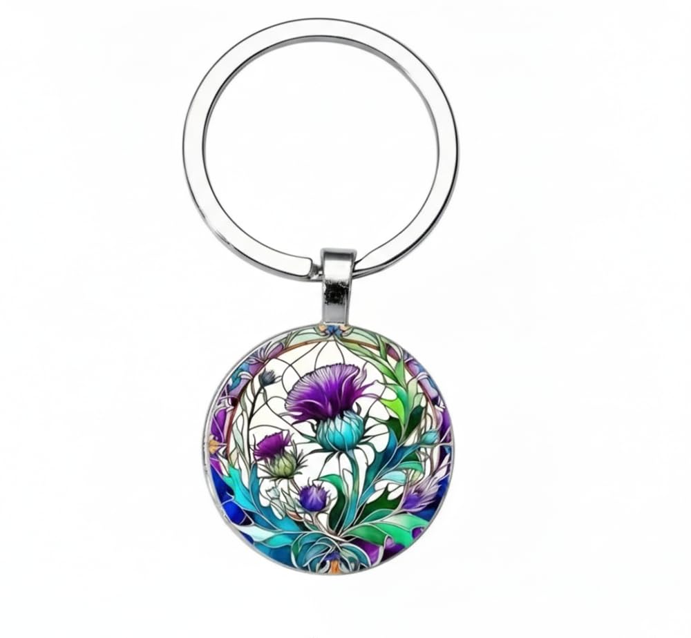 4Trails Unisex Purple, Green, Blue, Turquoise, Silver Scottish Thistle Floral Glass Dome Keyring Purple And Green Flowers, Metal Key Ring, Decorative Accessory