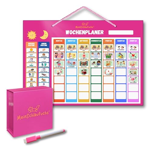 MeinSchlaufuchs® Wochenplaner Kinder - Montessori Magnettafel inkl. 250 Magnete, Aufbewahrungsbox, Kordel & Stift - beschreib- & abwischbar - Routine Planer Kinder (Pink)