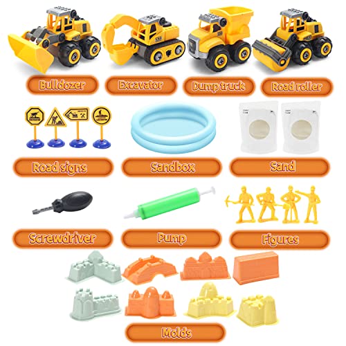 Yidestars Play Construction Sand Kit,2.2Lbs Magic Sand W/4 Large Take Apart Construction Trucks,1 Sandbox,8 Worker Figures And Road Signs,8 Molds,Toys For 2-8 Years Old Boys Girls #TOP1