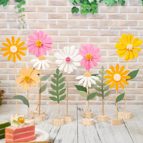 EASY JOY 11 Pcs Felt Flowers Decorations Daisy Felt Centerpieces Handcrafted Wildflower Centrepieces with Wooden Base Pastel Flower Table Decorations for Birthday Baby Shower Spring Garden Home Decor