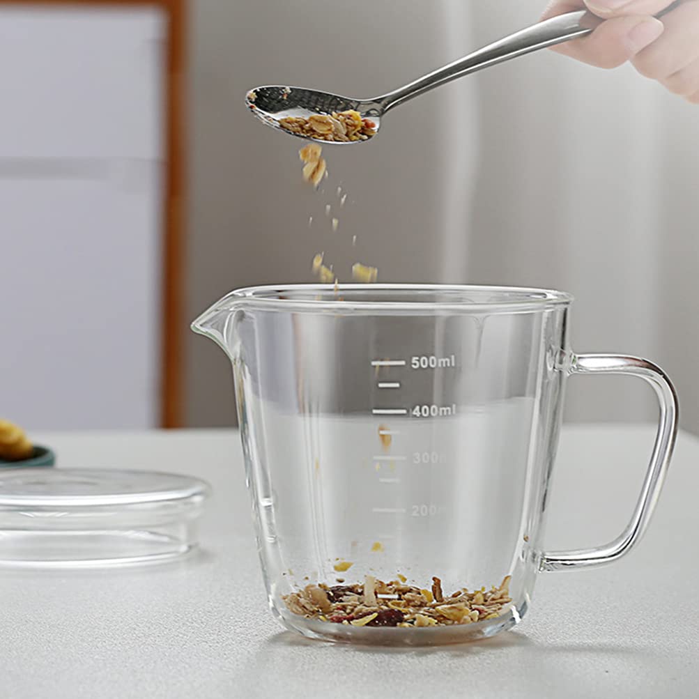 500ml Glass Measuring Cups with Scale Heat Baking Cup Mixing Cups Breakfast Milk Jug with Lid for Children Food Tea Cafe Transparent