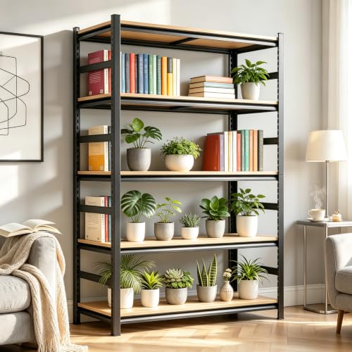 Image of 5 Tier Book Shelf, Adjustable Tall Bookcase with Wood Shelves