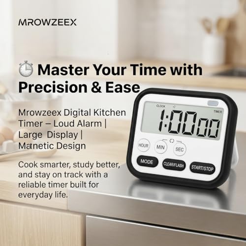 Image of Digital Kitchen Timer & Stopwatch with Loud Alarm | Large Display Countdown Timer | Magnetic Stand | Mechanical Cooking Timer Clock for Kitchen, Study, Workout (Black)