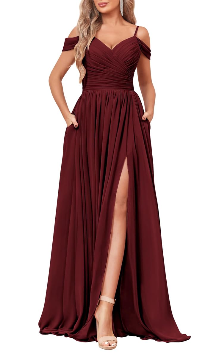 Yiann Women's Burgundy Off The Shoulder Dresses For Formal Gown With Pockets Bridesmaid Dress Wrap Slit Prom Dress Long Uk10