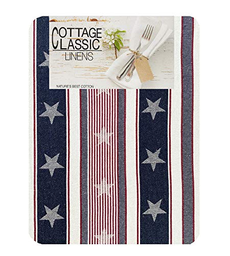 Lintex Shabby Chic Americana Stripe Cotton Weave Fabric Tablecloth, Country Rustic Red, White And Blue Stars And Patriotic Stripes Indoor/Outdoor Rustic Tablecloth, 60" X 102" Oblong/Rectangle #TOP1