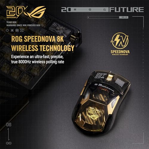 Image of ASUS ROG 20th Edition Harpe II Extreme - Wireless Esports Gaming Mouse - 82g Lightweight, Tri-Mode Connectivity, 65K DPI, 8K Hz Polling, 24K Gold-Plated, Web Config - Gold /Black