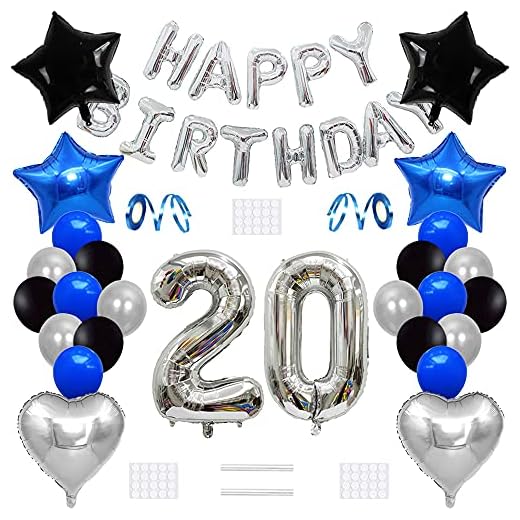 Xihuimay 27 st 20-årsdag dekoration grattis på födelsedagen banderollballonger 20 år gammal födelsedagsfest tillbehör heliumballonger nummer 20 ballonger latexballong stjärna hjärta folieballong, svart silver blå