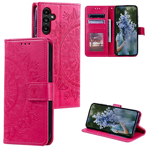 EYZUTAK Mandala Phone Cover for Samsung Galaxy S24, Slim Flip Wallet Case with Card Slots Magnetic Closure Embossed Mandala Flower PU Leather Protective Case with Stand Function and Lanyard - Red