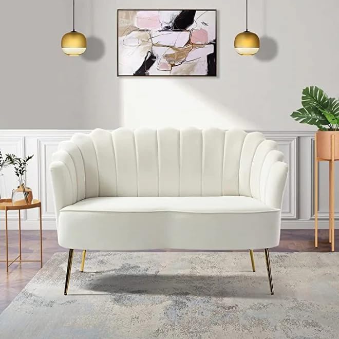 Modern Velvet 2-Seater Sofa for Living Room | Upholstered Loveseat with Channel-Tufted Backrest & Gold Metal Legs | Compact Couch for Bedroom, Office & Home Décor | White-image-21