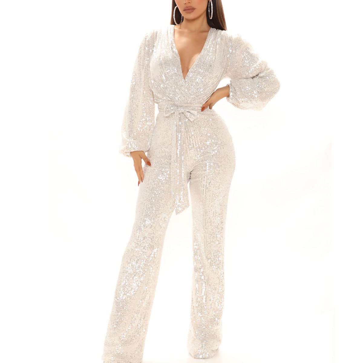 Skrsila Elegante jumpsuit voor dames, met lange mouwen, V-hals, lange overall met pailletten, broekpak met riem, wit, L
