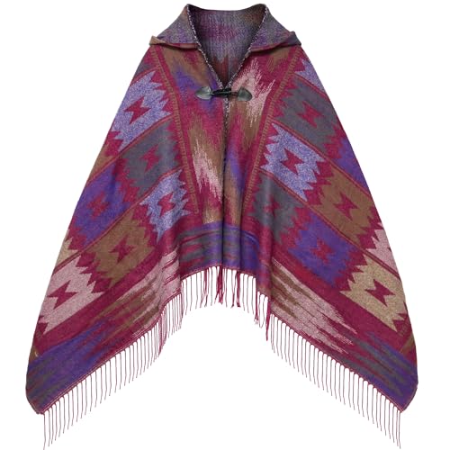 Uyuni Women's Bohemian Casual Shawl Fringe Poncho Loose Vintage Patterned