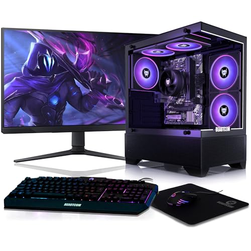BEASTCOM Q3 Gaming PC Set Komplett, AMD Ryzen AI 6X 5,00GHz 12 Threads, 4K Radeon 760M Grafik, 16GB RAM, 1TB SSD + Monitor LED 24' + Gaming Tastatur + Maus + Mauspad, WLAN, Win 11 Pro