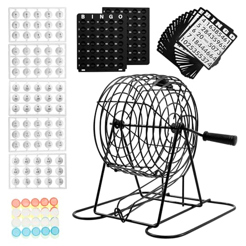 Bingo Game Set, 8" Bingo Game Metal Drum with 18 Paper Card, 75 Balls and 2 Ball Tray, Bingo Machine Game Set, Lottery Ball Machine Sets for Adults Large Group and Parties