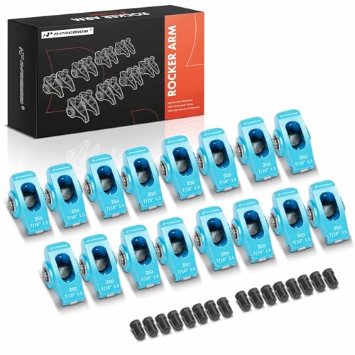 A-Premium 16Pcs Blue Aluminum Engine Roller Rocker Arms with Needle Bearings Compatible with Chevy SBC 350, 1.5 Ratio, 7/16