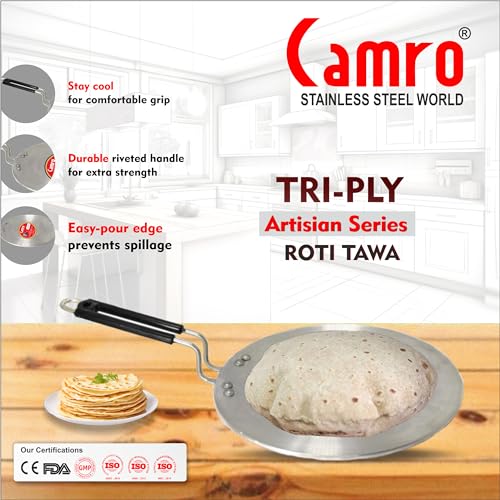 Image of Tawa for Roti | Triply Artisian Tawa 24cm | Kitchen Cookware Tawas | Induction Base Roti Tava | Perma-Cool Sturdy Handles | Base & Induction Friendly Compatible | Gas Stovetop Compatible