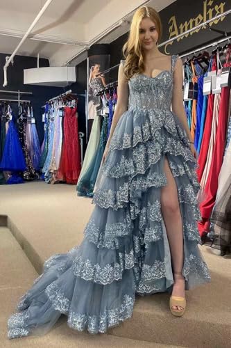 Sparkly Tiered Lace Tulle Prom Dresses Long Spaghetti Straps Formal Evening Party Gown4
