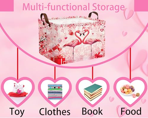 Image of Valentines Day Basket Large Foldable Heart Shaped Storage Box for Gifts Kids Empty Storage Bins Rectangular Toy Organizer Decor (Love Flamingo)