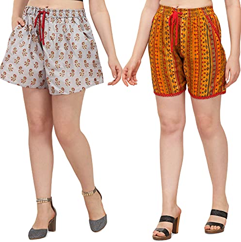 Image of DHRUVI TRENDZ Women's Slub Rayon Foli Design Regular Shorts