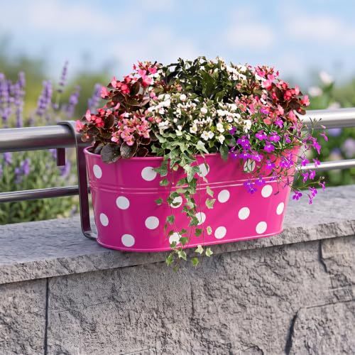 Image of TrustBasket Dotted Oval Railing Planters Basket - Magenta (Set of 5) | Heavy-Duty UV Stabilized Metal Flower Pots for Railings, Fence & Balcony, Indoor Outdoor Herb, Flower & Decorative Plants