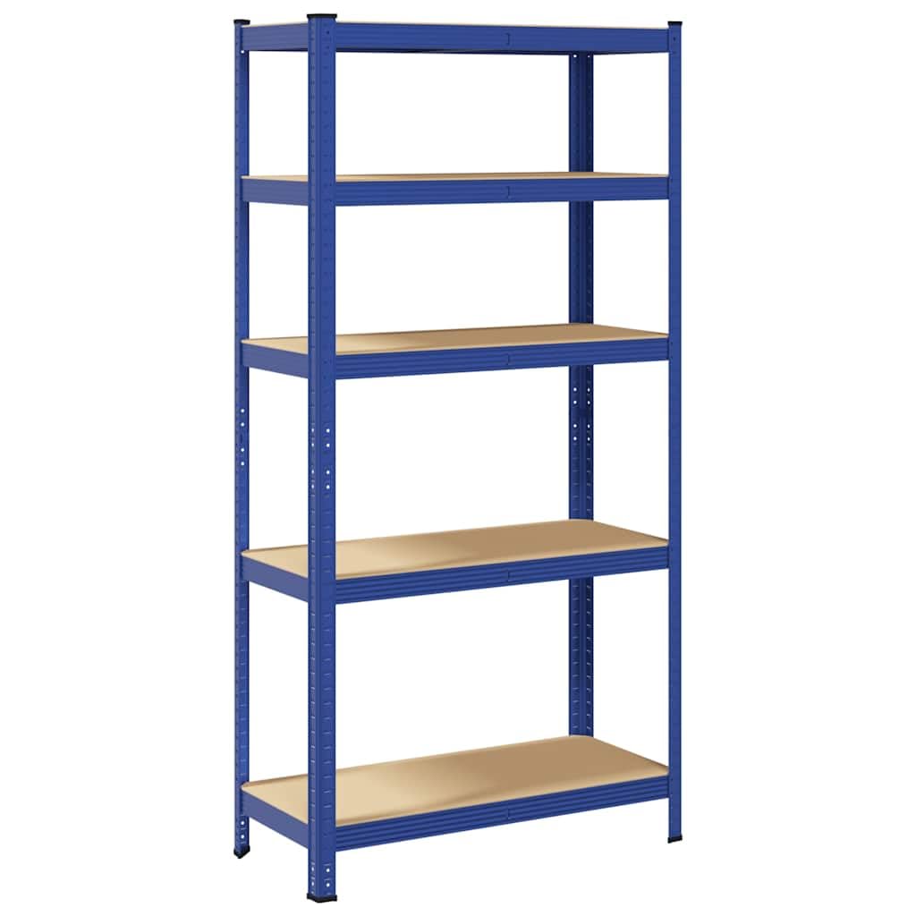 Scaffale con 5 ripiani, in acciaio blu e legno, ripiani regolabili in altezza, robusto scaffale per garage con elevata capacità di carico, divisibile in due ripiani separati