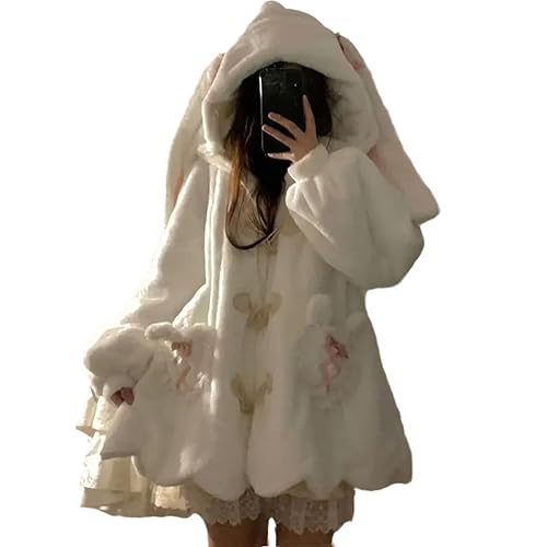 Women Cute Bunny Ear Long Sleeve Fuzzy Fluffy Rabbit Tops Sweatshirt Hoodie Jacket Coats - X-Large - White2