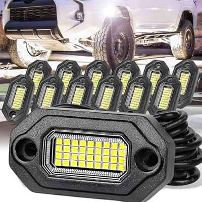 12 Pods White Rock Lights?Aluminum Housing, Waterproof IP68,6500K Pure White Super Bright Underglow, Rock Lights for Trucks, UTV, ATV, SUV, Boats,Each Rock Light Comes with a 15-Foot Extension Cord