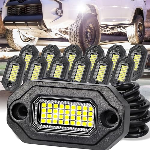 12 Pods White Rock LightsAluminum Housing Waterproof IP68 6500K Pure White Super Bright Underglow Rock Lights for Trucks UTV ATV SUV Boats Each Rock Light Comes with a 15-Foot Extension Cord