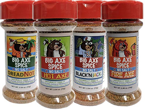 Big Axe Spice BURNING BEAR SEASONINGS COMBO 4-PACK: DreadNot, Hot Axe, Fire Axe, Black'nJack! Sodium Free Seasoning Blends