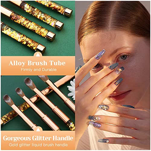 Acrylic Nail Brush Size 14, 100% Kolinsky Nail Art Brushes, Crimped Oval Acrylic Powder Brush Shaped With Gold Glitter Metal Handle For Professional Beginner Home Diy Salon #TOP2