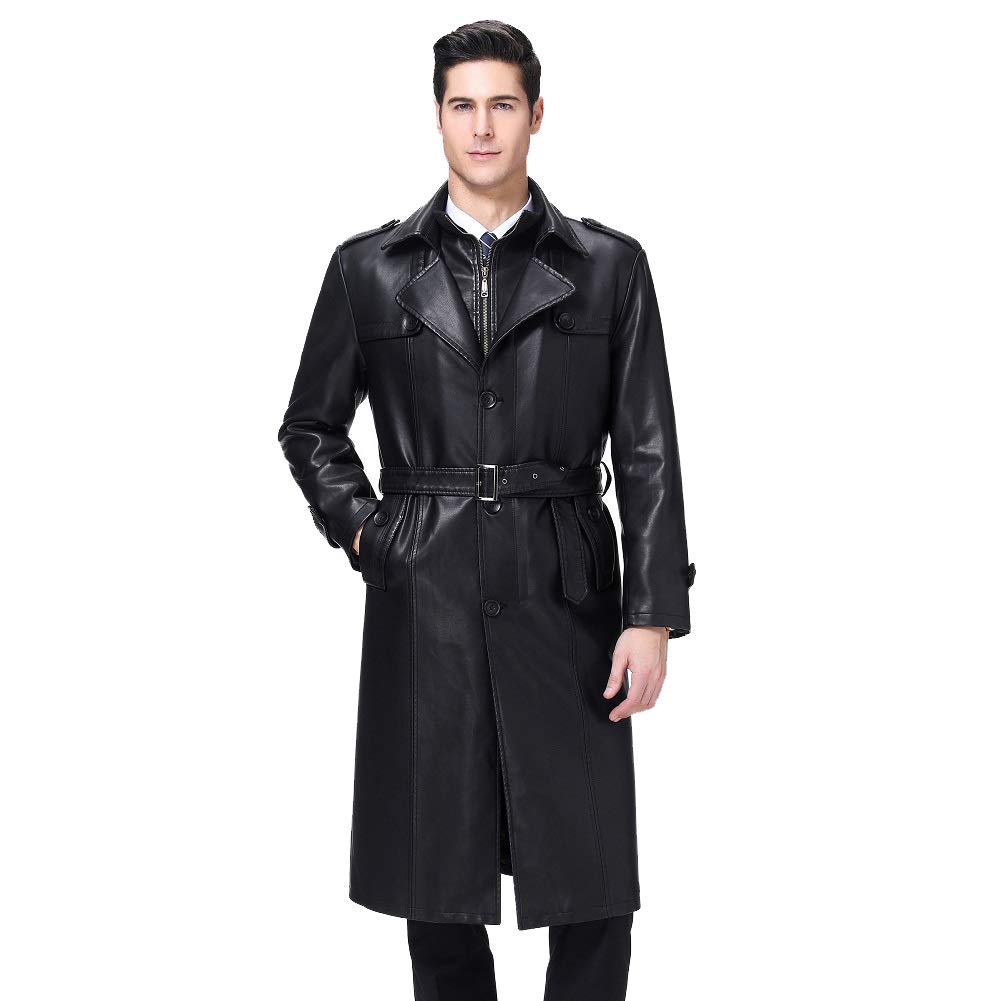 Men's Business Suit Collar Long Trench Coat Casual Long PU Leather Jacket Black