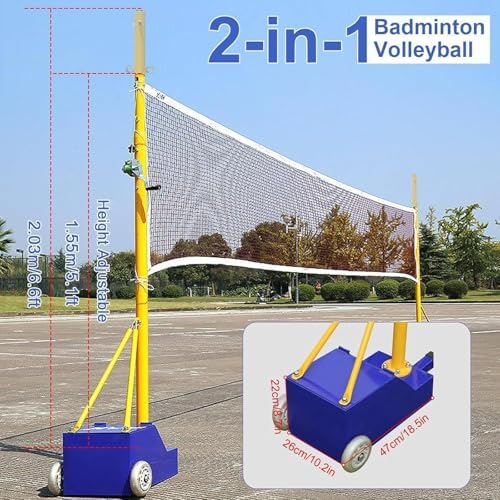 2 in 1 Volleyball Badminton Net Frame with Wheels, Adjustable Steel Stand for Indoor & Outdoor Sports