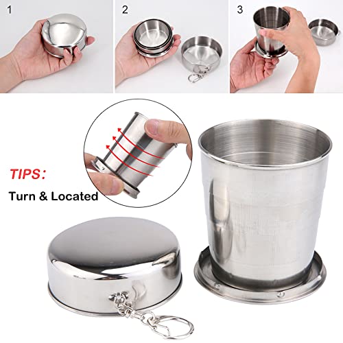 Travel Stainless Steel Collapsible Cup 240Ml With Metal Telescopic Keychain ,With Plastic Collapsible Cups,Bpa-Free Silicone,Portable Foldable,Water,Coffee,Tea, Snacks For Hiking,Camping,Picnic #TOP4