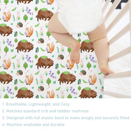Image of Animals Trees Floral Spring Baby Crib Sheets for Boys Girls 52 inchx28 inch Cute Bear Bunny Hedgehog Fox Soft Breathable Unisex Baby Nursery Bed Sheets for Standard Crib and Toddler Mattresses