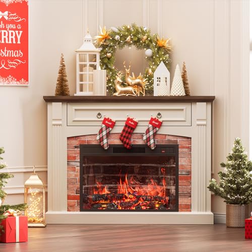 AHB Corner TV Stand with Remote Control, Electric Fireplace with Wooden Mantel, Entertainment Center with Efficient Heating System, Adjustable Brightness Realistic Flame(White)