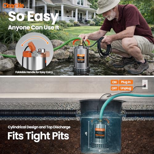 Image of Cleartide Stainless Steel Submersible Utility Water Pump, 3 /4 HP 3780 GPH, Thermoplastic Portable Plug & Work, Ideal for Pool, Flooded Basement, Hot Tub, Pond & Garden Draining, 10 FT Cord